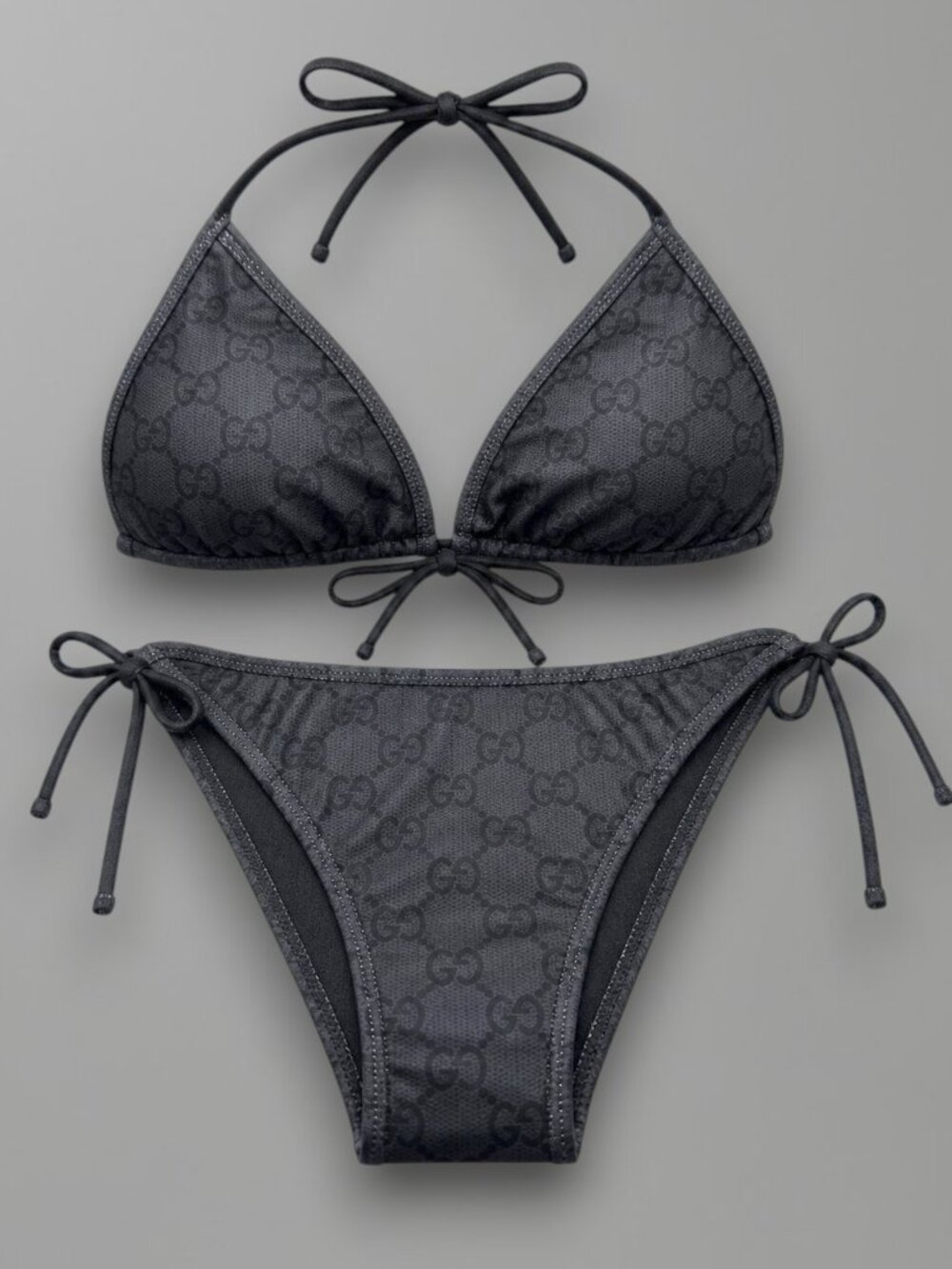 Black Monogram Bikini Set Triangle Tie Side Swimsuit Minimalist Sexy Swimwear L